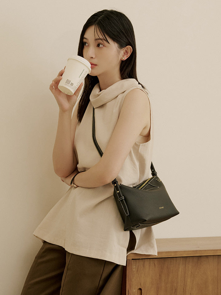 S'AIME Soft Top-Grain Leather Zip Shoulder Bag