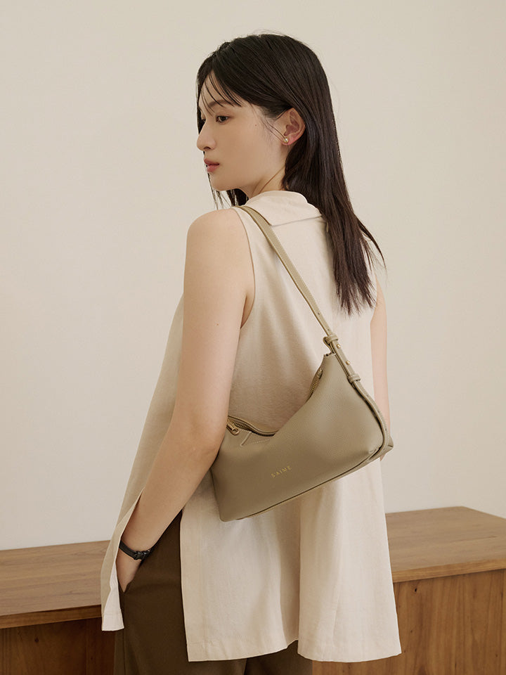 S'AIME Soft Top-Grain Leather Zip Shoulder Bag