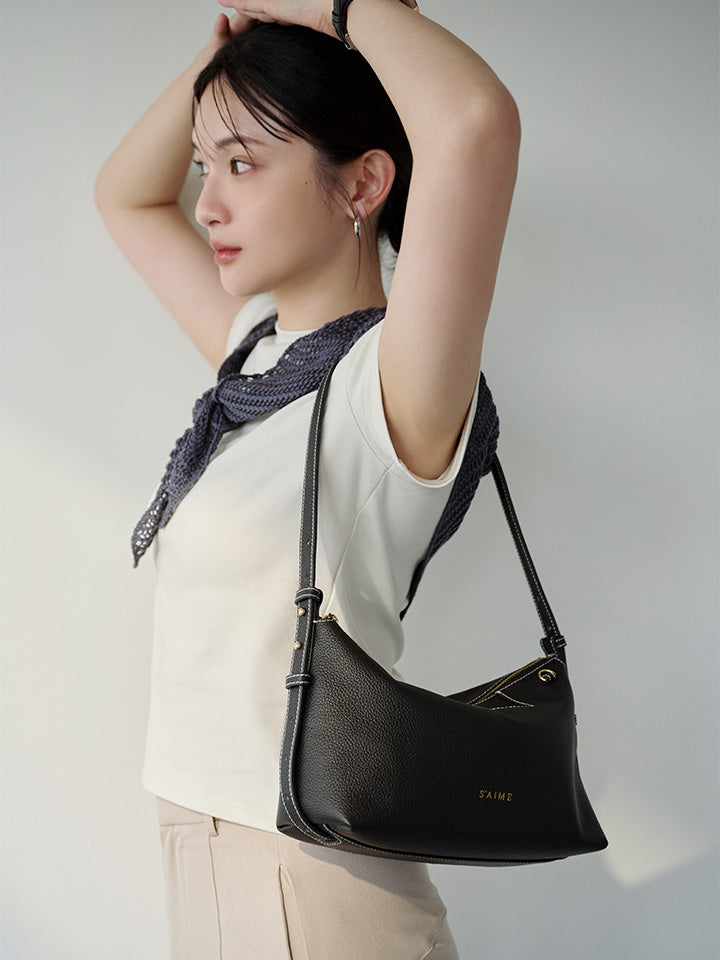 S'AIME Soft Top-Grain Leather Zip Shoulder Bag